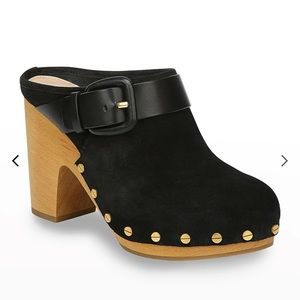 Veronica Beard "Dacey" suede clogs w/ buckle & stud trim.
3.3" heel.Blac…
